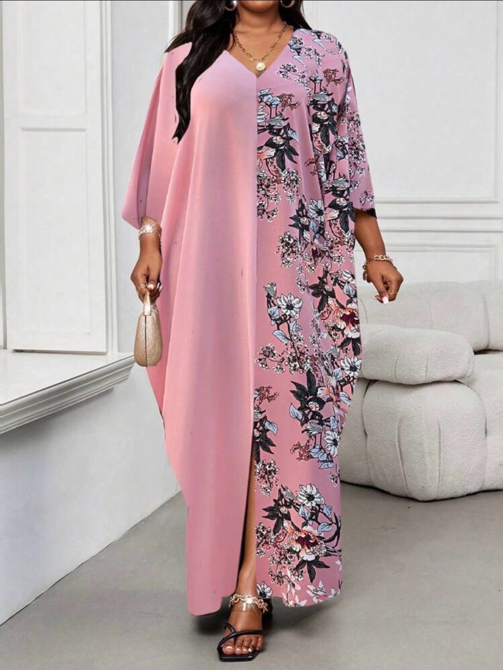 Elegant Pink Floral V-Neck Maxi Dress